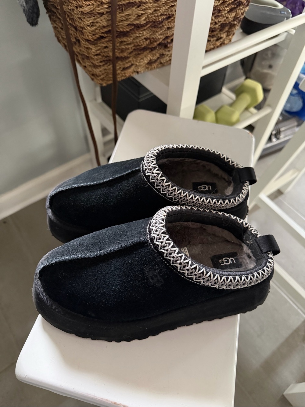 UGG Kids Black Suede Slip-On Slippers with Contrast Stitching